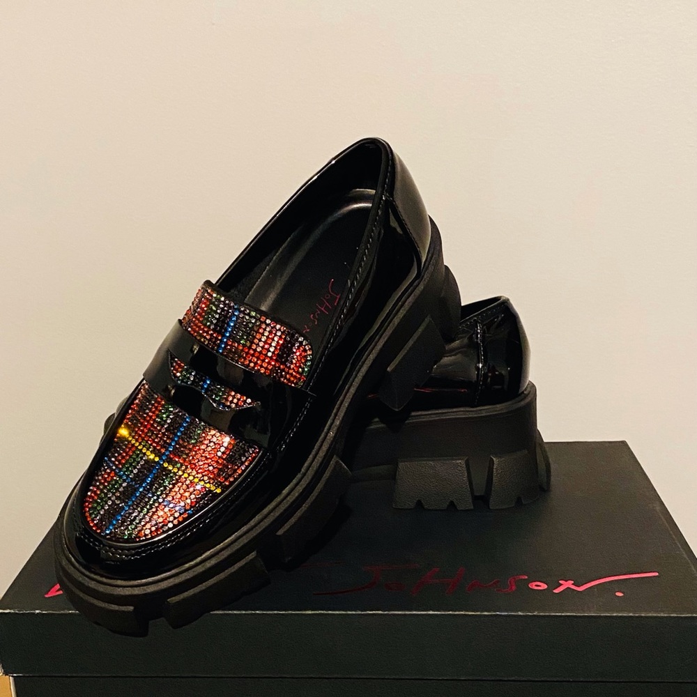 Size 5.5 Betsey Johnson Black with Multi colored sequence Penny Loafers